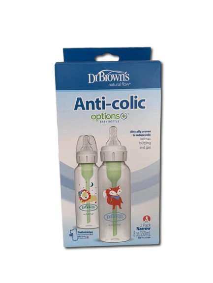 Tetero estrecho anticolicos 8oz con tetina de flujo lento nivel 1 0 meses en adelante Set De 2 Unds DR BROWN'S