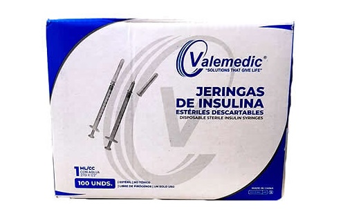 Jeringa de Insulina Esteril Descartable Luer Slip Aguja 27G x 1/2" 1cc Caja x 100 Unds VALEMEDIC