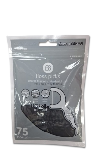Hilo Dental con Mango e Infusion de Carbon Activado Negro Set De 75 Unds BB FLOSS PICKS