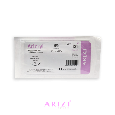 Sutura Aricryl 121: Acido Poliglicolico 5/0 70cm, aguja de 3/8 Corte Inverso 19mm Und ARIZI Absorbible
