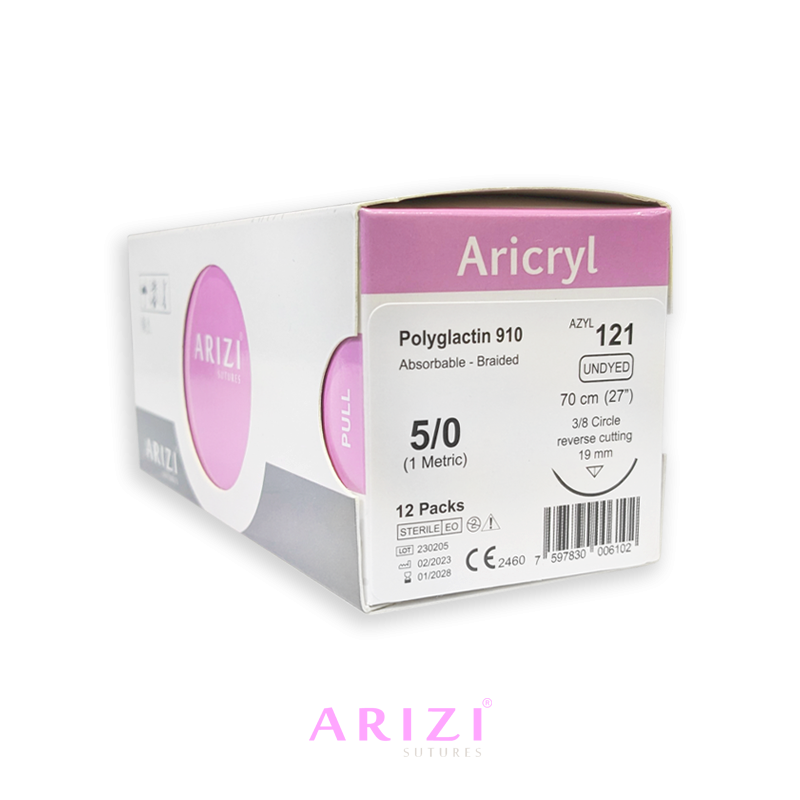 Sutura Aricryl 121: Acido Poliglicolico 5/0 70cm, aguja de 3/8 Corte Inverso 19mm Caja x 12 Unds ARIZI