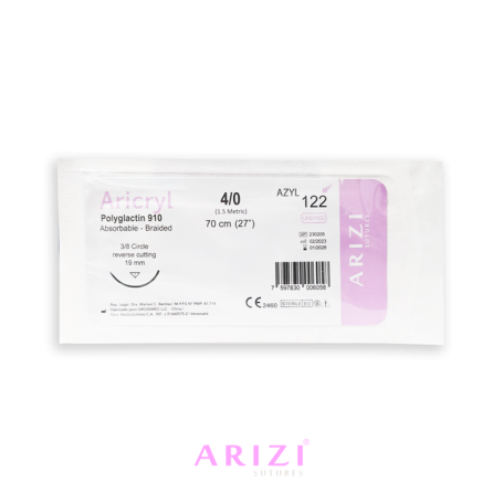 Sutura Aricryl 122: Acido Poliglicolico 4/0 70cm, aguja de 3/8 Corte Inverso 19mm Und ARIZI Absorbible