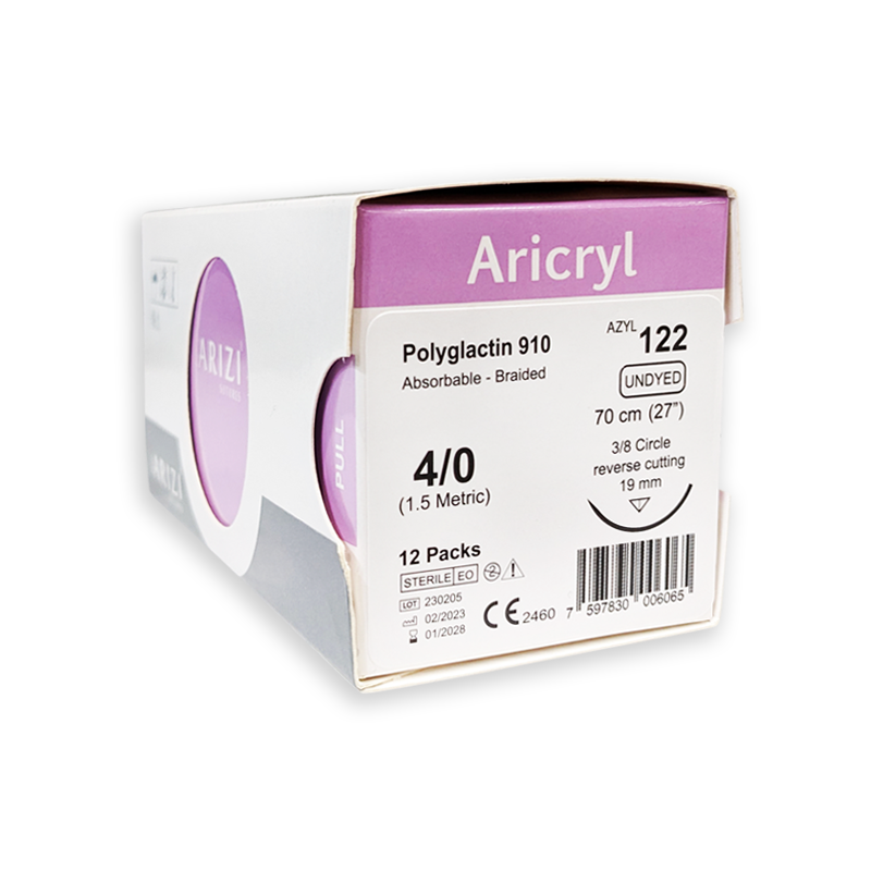 Sutura Aricryl 122: Acido Poliglicolico 4/0 70cm, aguja de 3/8 Corte Inverso 19mm Caja x 12 Unds ARIZI Absorbible