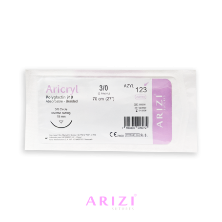 Sutura Aricryl 123 Acido Poliglicolico 3/0 70cm, aguja de 3/8 Corte Inverso 19mm Und ARIZI Absorbible