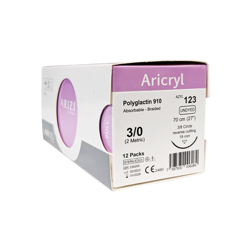 Sutura Aricryl 123 Acido Poliglicolico 3/0 70cm, aguja de 3/8 Corte Inverso 19mm Caja x 12 Unds ARIZI Absorbible