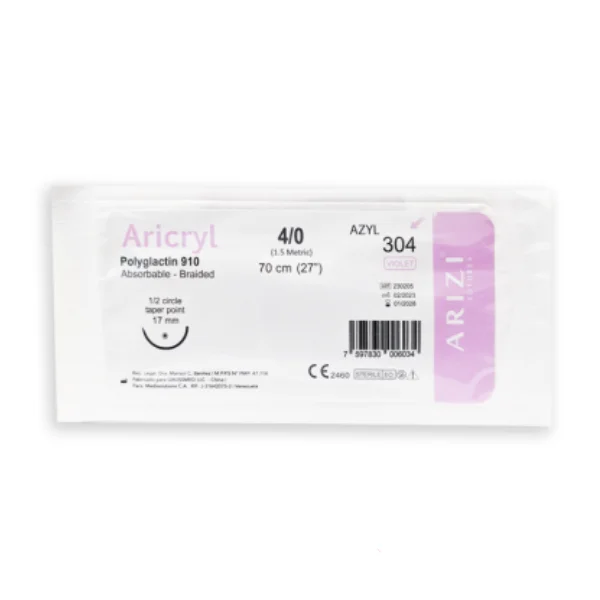 Sutura Aricryl 304 Acido Poliglicolico 4/0 70cm, aguja de 1/2 Circulo Punta Conica 17mm Und ARIZI Absorbible