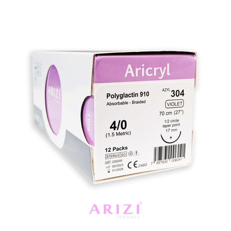 Sutura Aricryl 304 Acido Poliglicolico 4/0 70cm, aguja de 1/2 Circulo Punta Conica 17mm Caja x 12 Unds ARIZI Absorbible