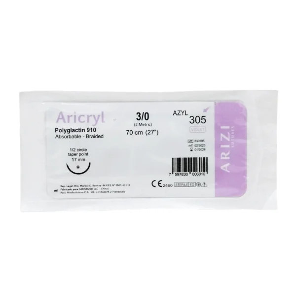 Sutura Aricryl 305: Acido Poliglicolico 3/0 70cm, aguja de 1/2 Circulo Punta Conica 17mm Und ARIZI Absorbible