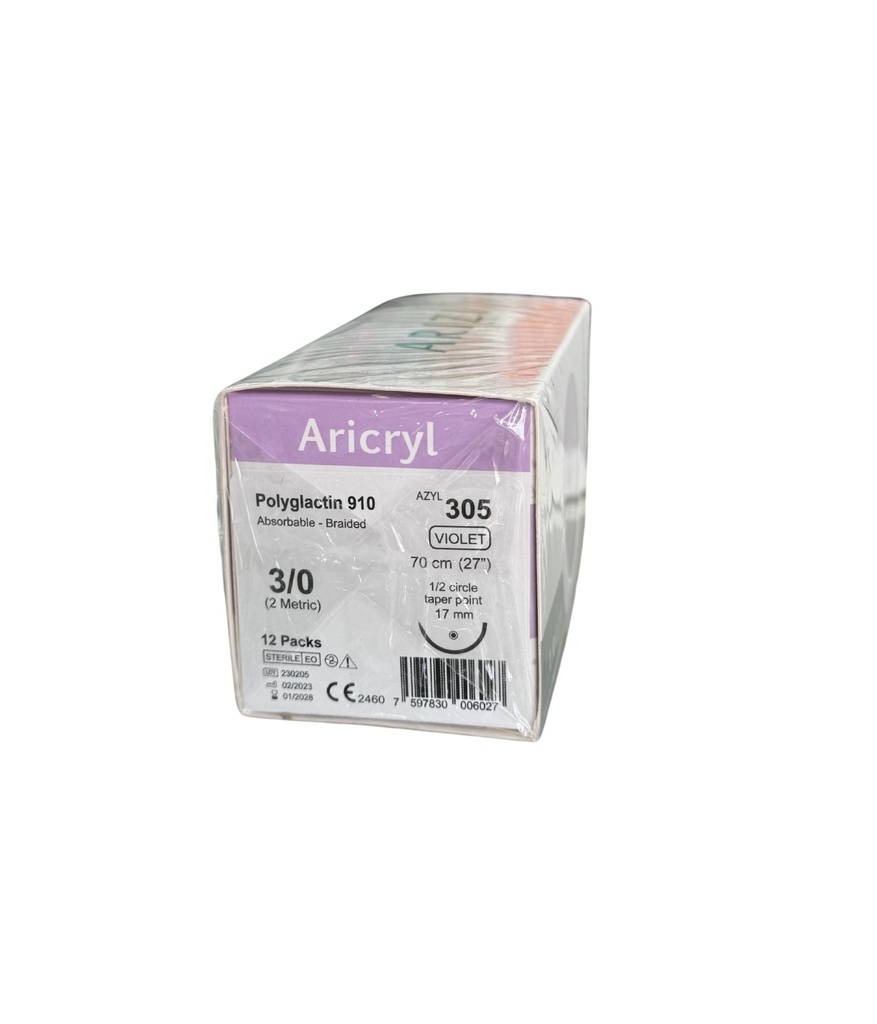 Sutura Aricryl 305: Acido Poliglicolico 3/0 70cm, aguja de 1/2 Circulo Punta Conica 17mm Caja x 12 Unds ARIZI Absorbible