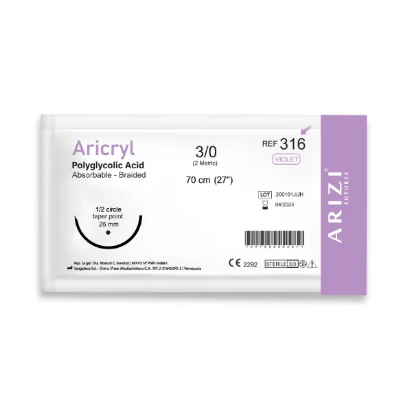 Sutura Aricryl 316 Acido Poliglicolico 3/0 70cm, aguja de 1/2 Circulo Punta Conica 26mm Und ARIZI Absorbible