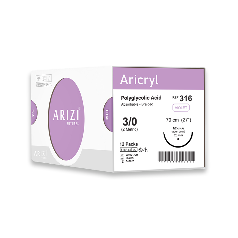 Sutura Aricryl 316 Acido Poliglicolico 3/0 70cm, aguja de 1/2 Circulo Punta Conica 26mm Caja x 12 Unds ARIZI Absorbible
