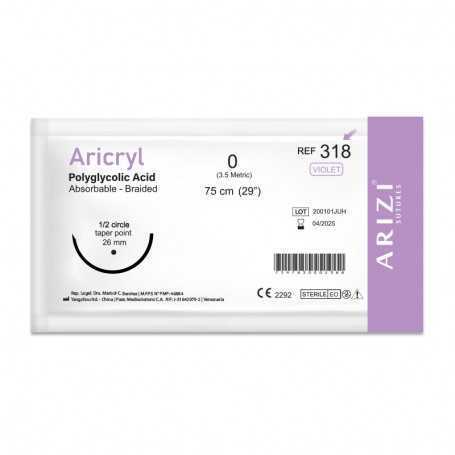 Sutura Aricryl 318: Ácido Poliglicólico Absorbible 0 - 75cm, Aguja de 1/2 Punta Cónica 26mm Und ARIZI Absorbible