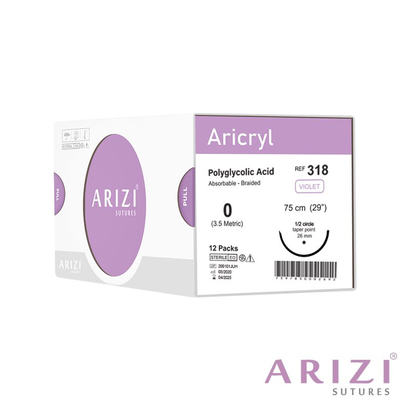 Sutura Aricryl 318: Ácido Poliglicólico Absorbible 0 - 75cm, Aguja de 1/2 Punta Cónica 26mm Caja x 12 Unds ARIZI Absorbible