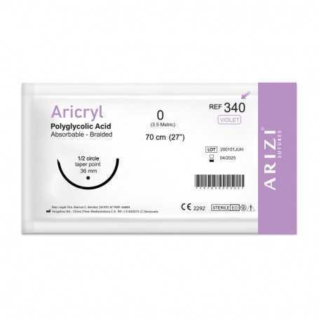Sutura Aricryl 340: Ácido Poliglicólico Absorbible 0 - 70cm Aguja de 1/2 Punta Cónica 36mm Und ARIZI Absorbible