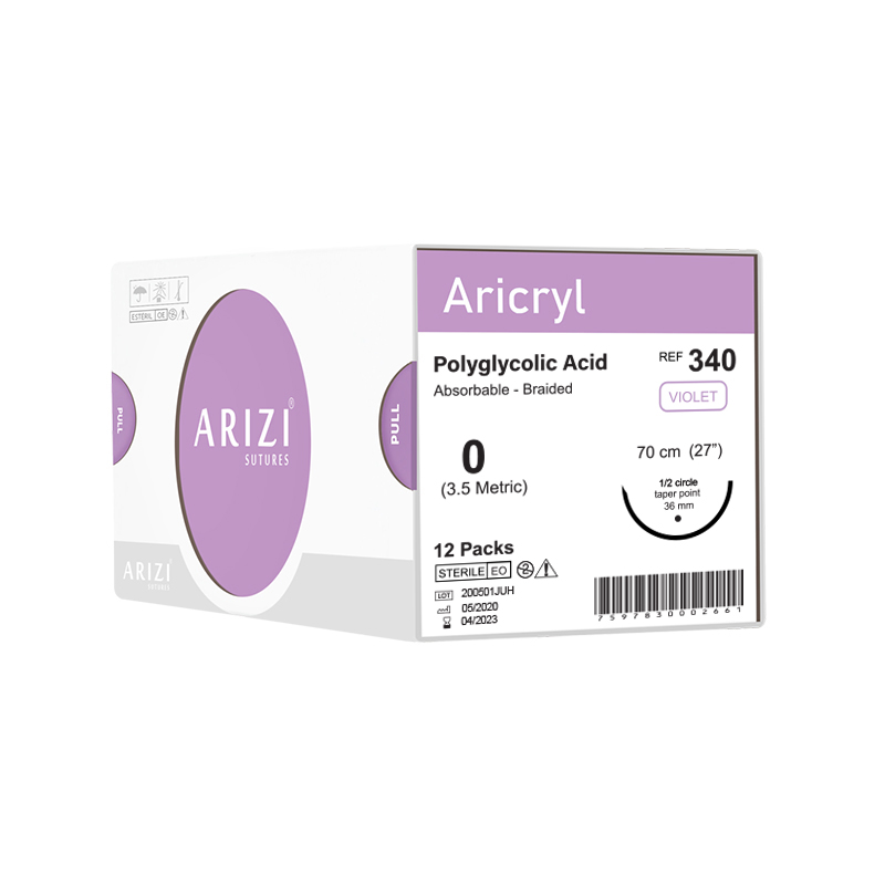 Sutura Aricryl 340: Ácido Poliglicólico Absorbible 0 - 70cm Aguja de 1/2 Punta Cónica 36mm Caja x 12 Unds ARIZI Absorbible