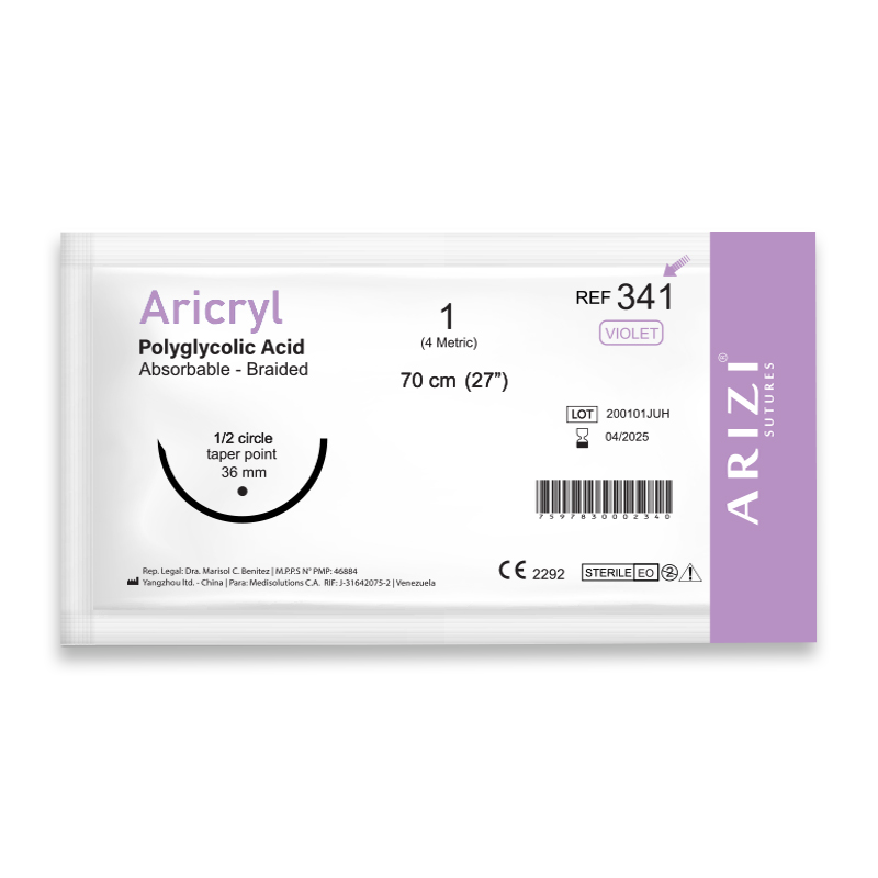 Sutura Aricryl 341: Acido Poliglicolico 1 - 70cm, aguja de 1/2 Circulo Punta Conica 36mm Und ARIZI Absorbible