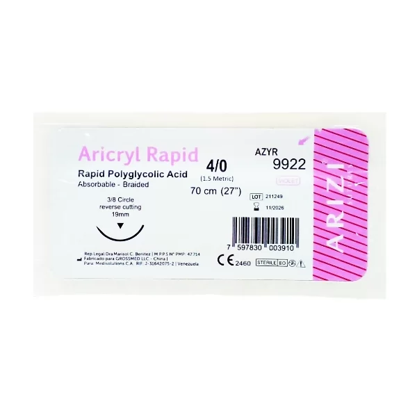 Sutura Aricryl Rapid 9922: Acido Poliglicolico Rapido 4/0 - 70cm, aguja de 3/8 Corte Inverso 19mm Und ARIZI Absorbible