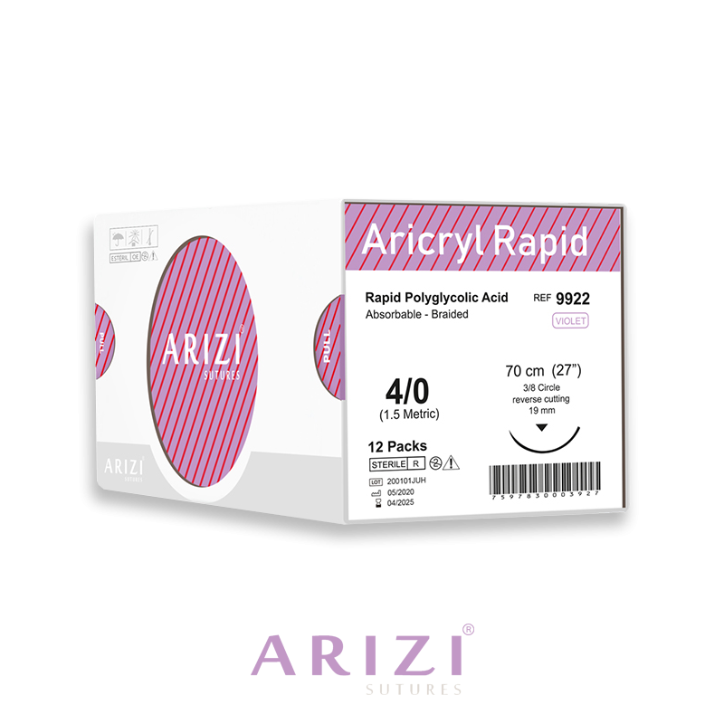 Sutura Aricryl Rapid 9922: Acido Poliglicolico Rapido 4/0 - 70cm, aguja de 3/8 Corte Inverso 19mm Caja x 12 Unds ARIZI Absorbible