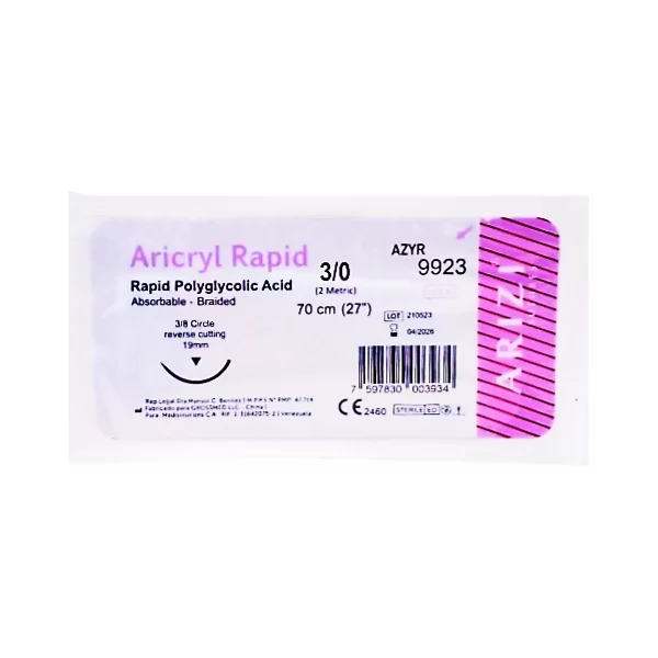Sutura Aricryl Rapid 9923: Acido Poliglicolico Rapido 3/0 - 70cm, aguja de 3/8 Corte Inverso 19mm Und ARIZI Absorbible