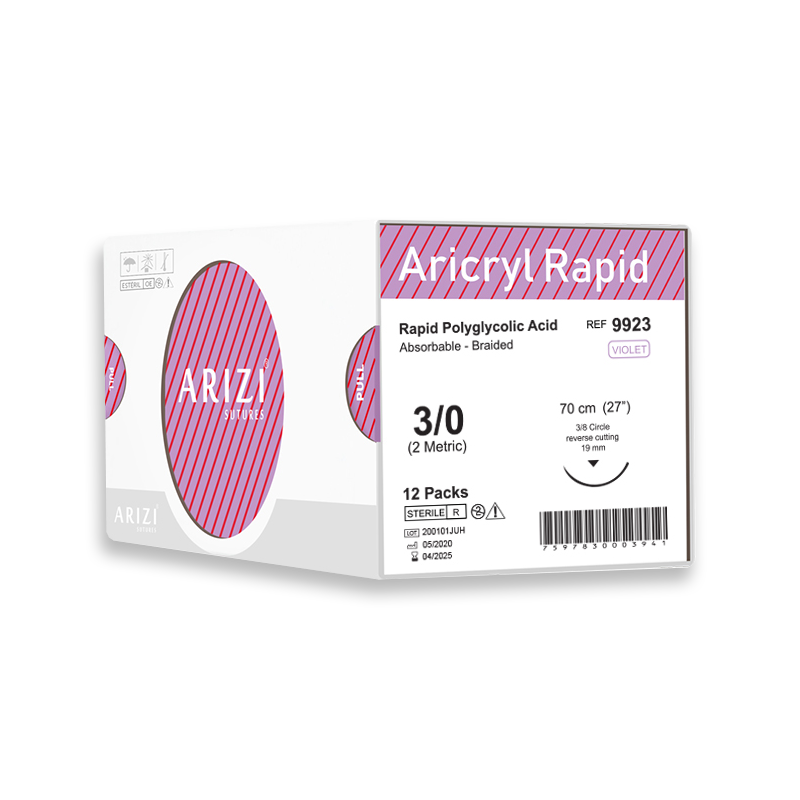 Sutura Aricryl Rapid 9923: Acido Poliglicolico Rapido 3/0 - 70cm, aguja de 3/8 Corte Inverso 19mm Caja x 12 Unds ARIZI Absorbible