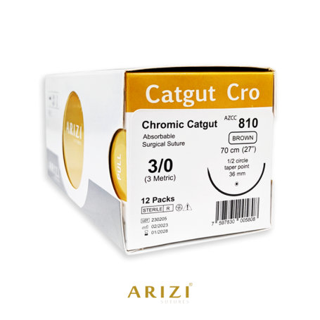 Sutura Catgut Cro 810: Crómico 3/0 70 cm Aguja de 1/2 Círculo Punta Cónica 36 mm Caja x 12 Unds ARIZI Absorbible