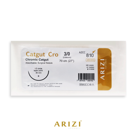 Sutura Catgut Cro 810: Crómico 3/0 70 cm Aguja de 1/2 Círculo Punta Cónica 36 mm Und ARIZI Absorbible