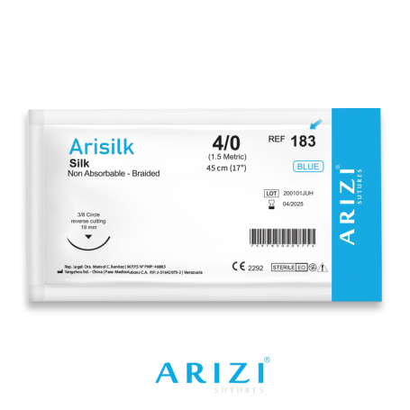 Sutura Arisilk 183: Seda 4/0 - 45 cm - Aguja de 3/8 Corte Inverso 19 mm Und ARIZI No Absorbible