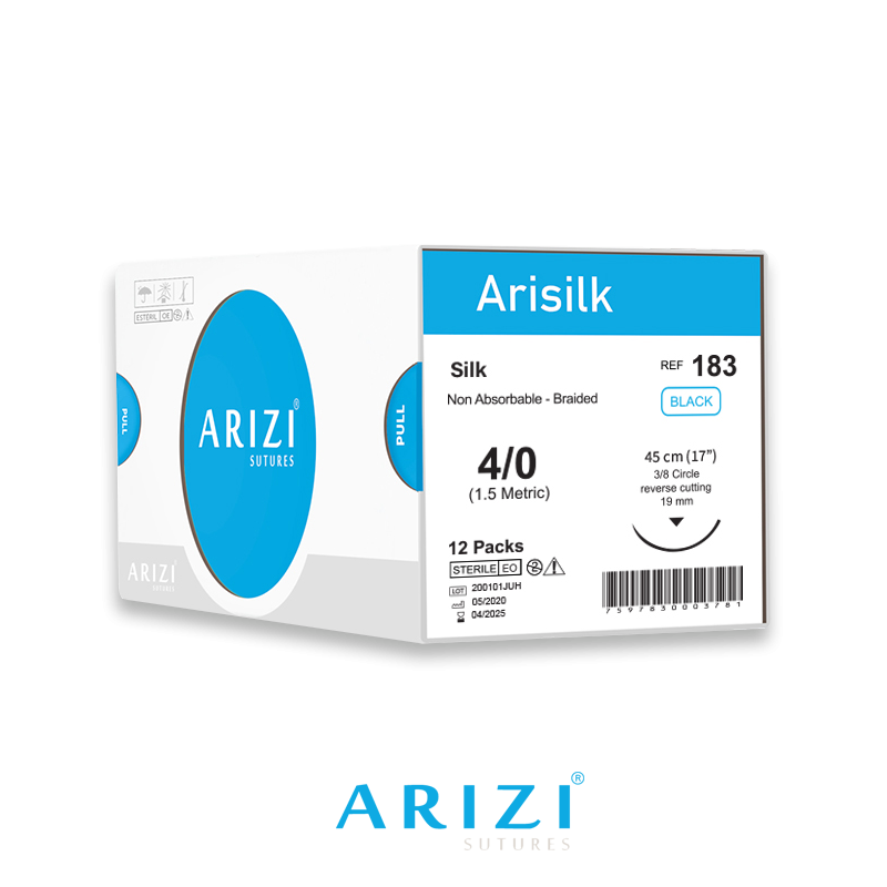 Sutura Arisilk 183: Seda 4/0 - 45 cm - Aguja de 3/8 Corte Inverso 19 mm Caja x 12 Unds ARIZI No Absorbible
