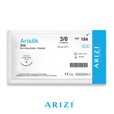 Sutura Arisilk 184: Seda 3/0 - 45 cm - Aguja de 3/8 Corte Inverso 19 mm Und ARIZI No Absorbible