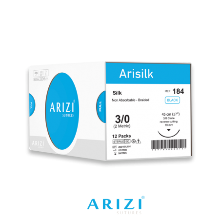 Sutura Arisilk 184: Seda 3/0 - 45 cm - Aguja de 3/8 Corte Inverso 19 mm Caja x 12 Unds ARIZI No Absorbible