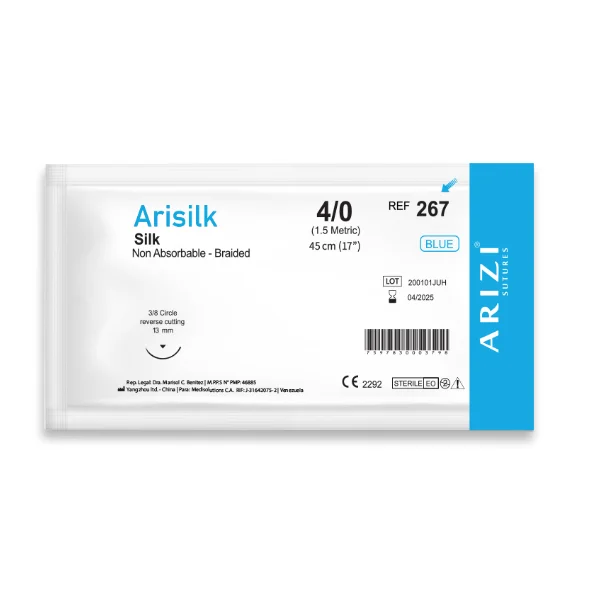 Sutura Arisilk 267: Seda 4/0 - 45 cm - Aguja de 1/2 Circulo Punta Conica 13 mm Und ARIZI No Absorbible