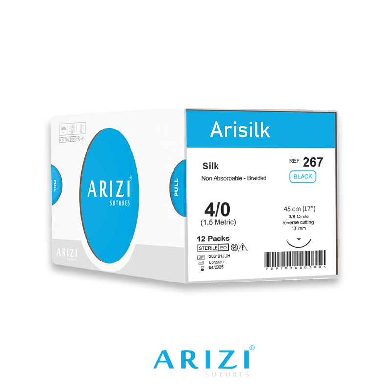 Sutura Arisilk 267: Seda 4/0 - 45 cm - Aguja de 1/2 Circulo Punta Conica 13 mm Caja x 12 Unds ARIZI No Absorbible