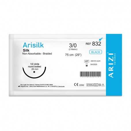 Sutura Arisilk 832: Seda 3/0 - 75 cm - Aguja de 1/2 Circulo Punta Conica 26 mm Und ARIZI No Absorbible