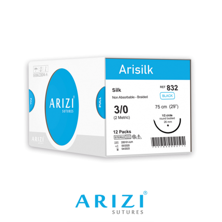 Sutura Arisilk 832: Seda 3/0 - 75 cm - Aguja de 1/2 Circulo Punta Conica 26 mm Caja x 12 Unds ARIZI No Absorbible