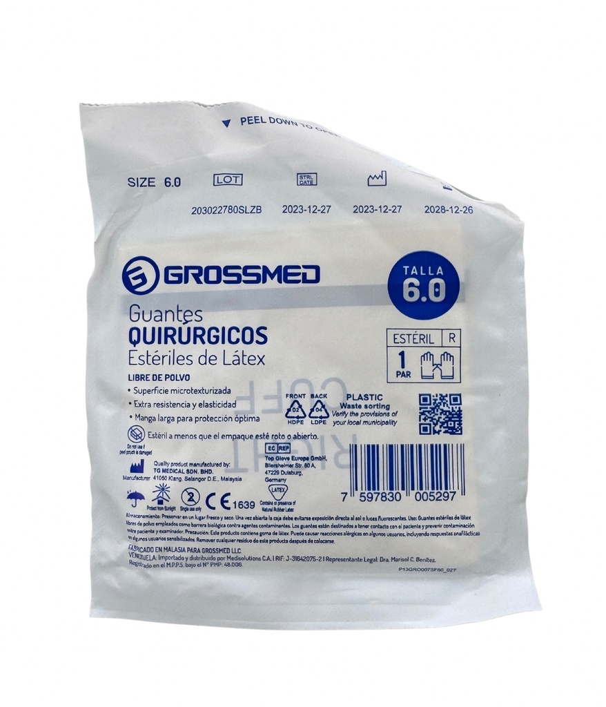 Guantes Quirurgicos de Latex 2 Unds GROSSMED Esteriles Sin polvo 