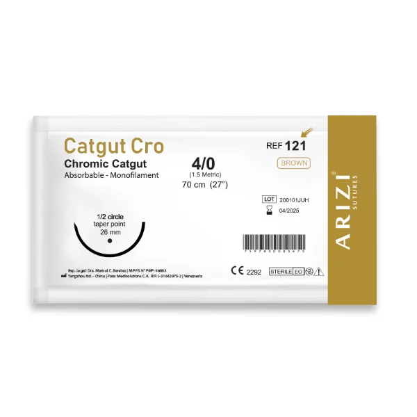 Sutura Catgut Cro 121: Cromico 4/0 - 70 cm Aguja de 1/2 Circulo Punta Conica 26 mm Und ARIZI Absorbible