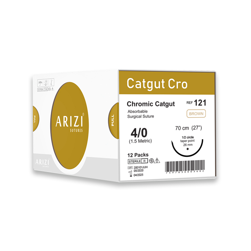 Sutura Catgut Cro 121: Cromico 4/0 - 70 cm Aguja de 1/2 Circulo Punta Conica 26 mm Caja x 12 Unds ARIZI Absorbible