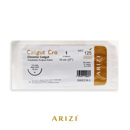 Sutura Catgut Cro 125: Cromico 1 - 70 cm - Aguja de 1/2 Circulo Punta Conica 26 mm Und ARIZI Absorbible