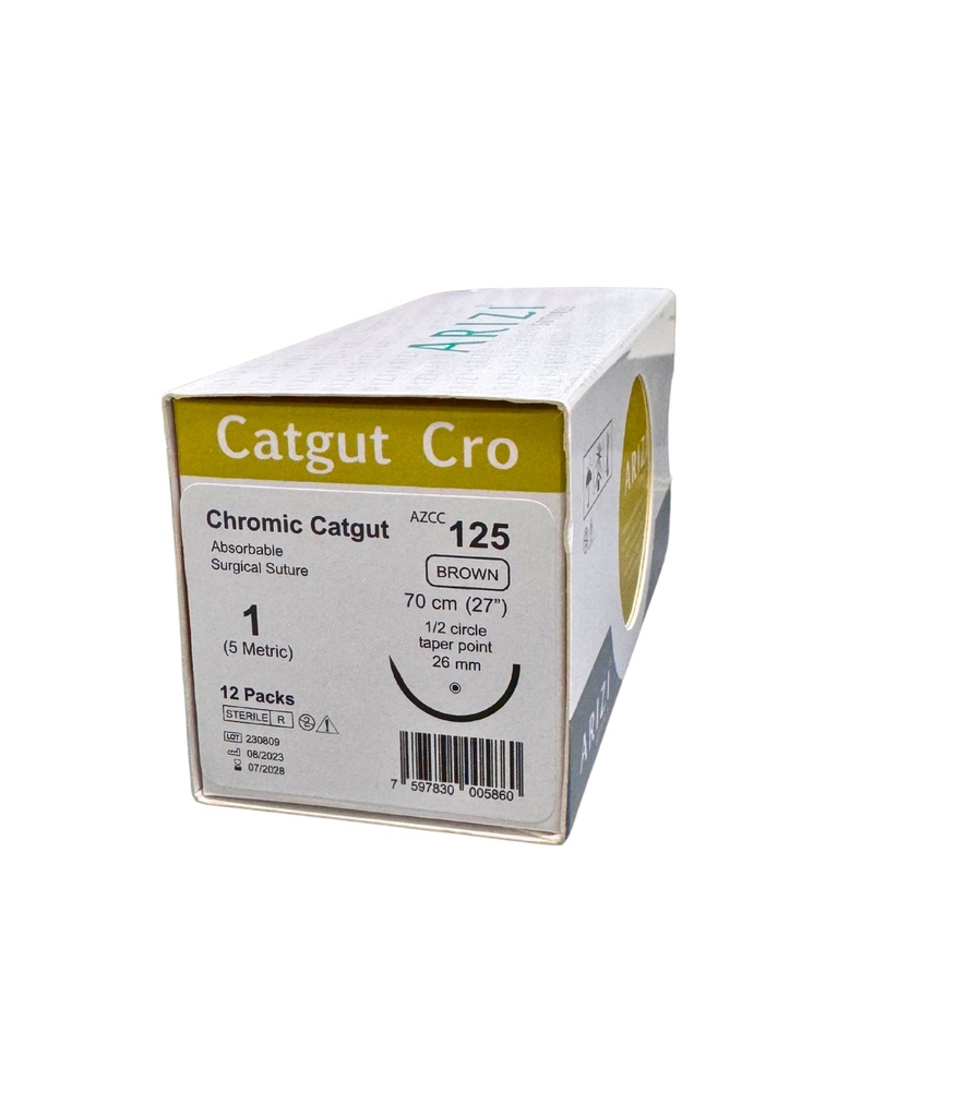 Sutura Catgut Cro 125: Cromico 1 - 70 cm - Aguja de 1/2 Circulo Punta Conica 26 mm Caja x 12 Unds ARIZI Absorbible