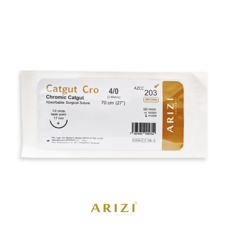 Sutura Catgut Cro 203: Cromico 4/0 - 70 cm - Aguja de 1/2 Circulo Punta Conica 17 mm Und ARIZI Absorbible