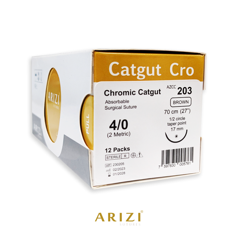 Sutura Catgut Cro 203: Cromico 4/0 - 70 cm - Aguja de 1/2 Circulo Punta Conica 17 mm Caja x 12 Unds ARIZI Absorbible