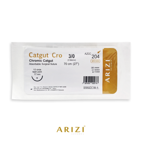 Sutura Catgut Cro 204: Cromico 3/0 - 70 cm - Aguja de 1/2 Circulo Punta Conica 17 mm Und ARIZI Absorbible
