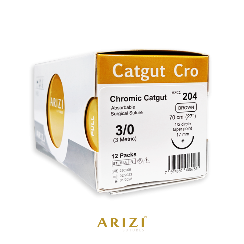 Sutura Catgut Cro 204: Cromico 3/0 - 70 cm - Aguja de 1/2 Circulo Punta Conica 17 mm Caja x 12 Unds ARIZI Absorbible