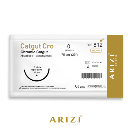 Sutura Catgut Cro 812: Cromico 0 - 75 cm - Aguja de 1/2 Circulo Punta Conica 37 mm Und ARIZI Absorbible