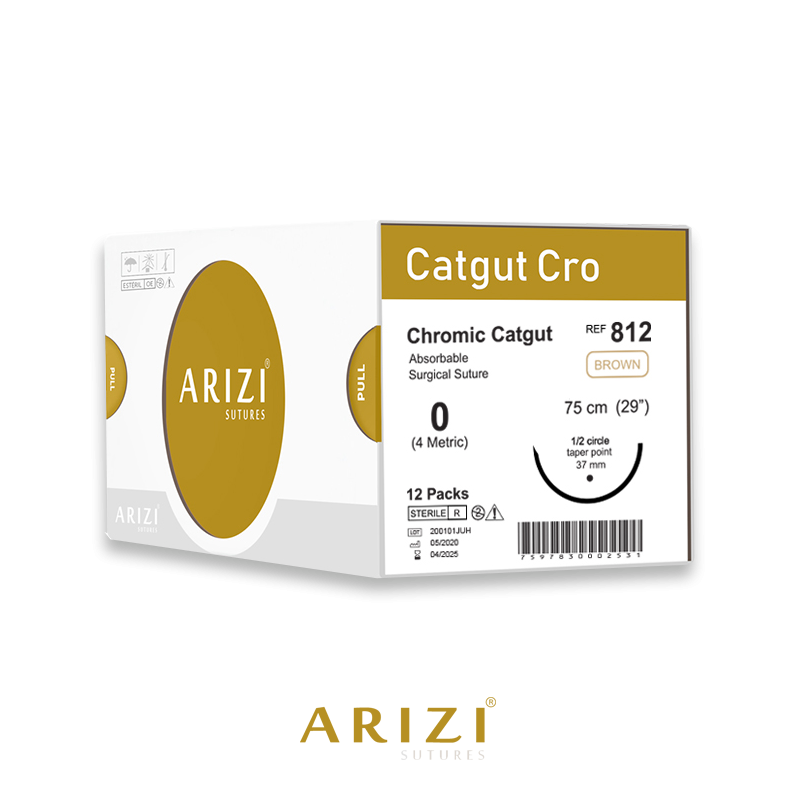 Sutura Catgut Cro 812: Cromico 0 - 75 cm - Aguja de 1/2 Circulo Punta Conica 37 mm Caja x 12 Unds ARIZI Absorbible