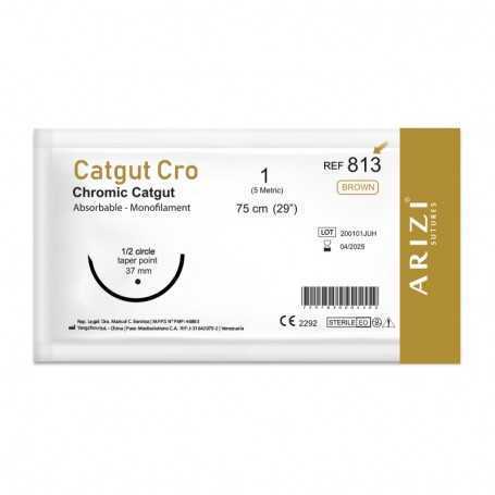 Sutura Catgut Cro 813: Cromico 1 - 75 cm - Aguja de 1/2 Circulo Punta Conica 37 mm Und ARIZI Absorbible