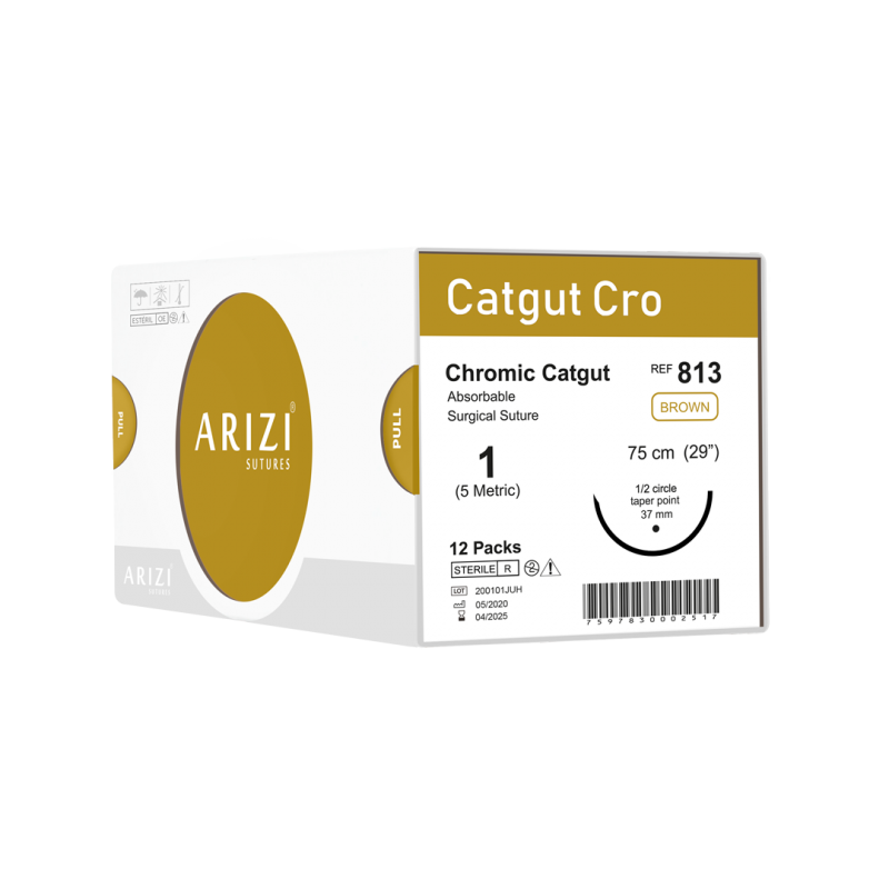 Sutura Catgut Cro 813: Cromico 1 - 75 cm - Aguja de 1/2 Circulo Punta Conica 37 mm Caja x 12 Unds ARIZI Absorbible