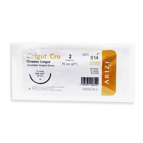 Sutura Catgut Cro 814: Cromico 2 - 70 cm - Aguja de 1/2 Circulo Punta Conica 36 mm Und ARIZI Absorbible