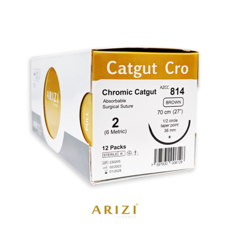 Sutura Catgut Cro 814: Cromico 2 - 70 cm - Aguja de 1/2 Circulo Punta Conica 36 mm Caja x 12 Unds ARIZI Absorbible