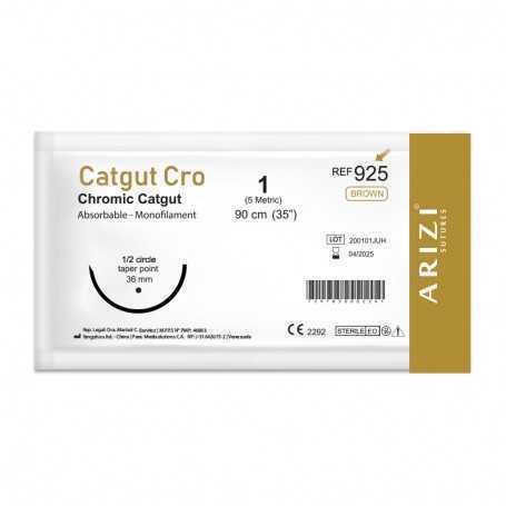 Sutura Catgut Cro 925: Cromico 1 - 90 cm - Aguja de 1/2 Circulo Punta Conica 36 mm Und ARIZI Absorbible